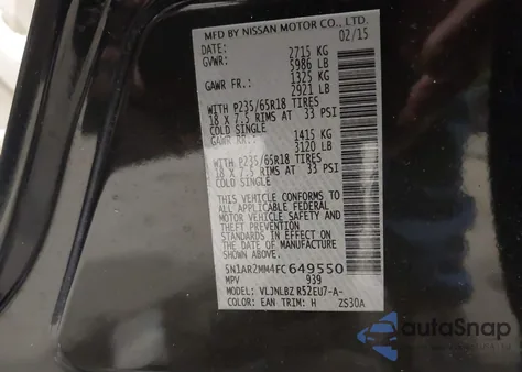 2015 Nissan Pathfinder S из США, поврежденный, VIN 5N1AR2MM4FC649550